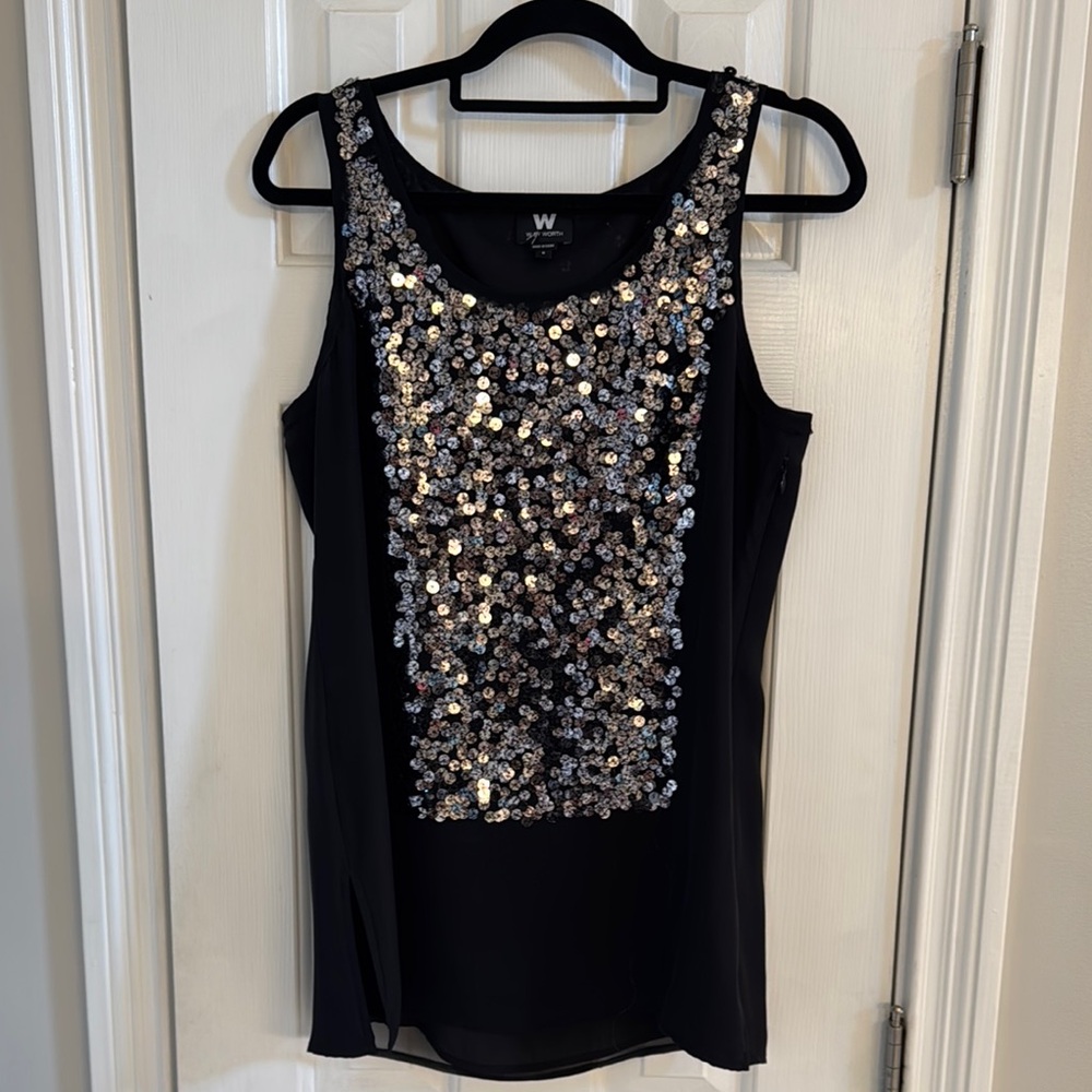 NWOT W by Worth Black Silk Top w/ Black & Silver Sequins